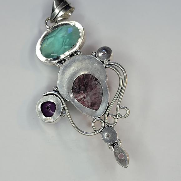 Sterling Silver Pendant with Red Carved Face, Green Gemstone, and Purple Rose - Picture 3 of 12